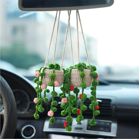 Handmade Woven Flower Vine Plant Pot Yarn Knit Car Mirror/Wall Hanging Accessory - Picture 6 of 6